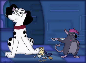 black_ears black_nose black_spots collar duo ear_piercing female feral fur grey_body grey_fur hair piercing pink_hair red_collar spots stickers_on_body white_body white_fur babclayman 101_dalmatian_street 101_dalmatians disney big_fee_(101_dalmatians) fan_character thalia_(babclayman) canid canine canis dalmatian domestic_dog mammal murid murine rat rodent absurd_res hi_res