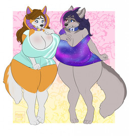 abstract_background anthro big_breasts blue_clothing blue_eyes blue_topwear blush breasts brown_hair cheek_tuft clothed clothing duo eyelashes facial_tuft female fur grey_body grey_fur hair heterochromia huge_breasts multicolored_clothing multicolored_hair multicolored_topwear orange_body orange_fur pink_clothing pink_hair pink_topwear purple_clothing purple_hair purple_topwear red_eyes standing topwear tuft two_tone_hair white_body white_fur wide_hipped_anthro wide_hipped_female tiggybloom canid mammal 2019 dated hi_res signature