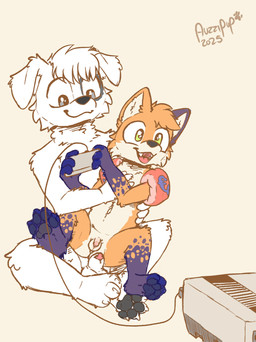 4_toes adolescent_anthro age_difference animal_genitalia anthro balls black_nose casual_nudity cheek_tuft claws controller countershade_fur countershading duo facial_tuft fangs feet fingerless_(marking) flaccid fur game_controller gaming genitals gloves_(marking) green_eyes grey_eyes hand_on_chest head_tuft holding_controller holding_object holding_partner humanoid_genitalia humanoid_penis leg_markings male male/male male_anthro markings mismatched_genitalia mismatched_humanoid_penis mismatched_penis nes_controller nintendo_controller nude_anthro nude_male older_anthro older_male on_lap open_mouth open_smile orange_body orange_fur pawpads penis penis_tip playing_video_game sheath simple_background sitting sitting_on_lap size_difference small_penis smile socks_(marking) teeth text toe_claws toeless_(marking) toes tuft unusual_anatomy unusual_wings water_wings white_body white_fur wings young young_anthro young_male younger_anthro younger_male auzzipup nintendo nintendo_entertainment_system jaberwocky canid canine canis domestic_dog fox mammal 2025 absurd_res artist_name dated digital_drawing_(artwork) digital_media_(artwork) flat_colors hi_res
