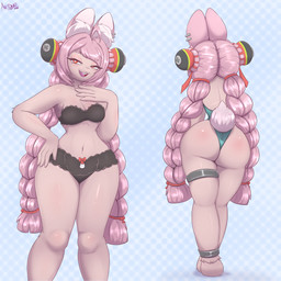 anthro big_butt bra braided_hair breasts butt clothing female fur hair inner_ear_fluff leotard lingerie medium_breasts navel piercing pink_body pink_hair red_eyes simple_background solo tail thick_thighs tuft underwear walking wide_hips an-tonio mihoyo zenless_zone_zero zhao_(zenless_zone_zero) lagomorph leporid mammal rabbit thiren 1:1 absurd_res digital_media_(artwork) hi_res