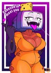 anthro big_breasts breasts cheese cleavage clothed clothing crossgender dairy_products electronics female food for_a_head heart_symbol humor not_furry open_mouth orange_jumpsuit overweight overweight_anthro overweight_female screen screen_face solo teeth television tongue tongue_out torn_clothing uvula pyrocynical humanoid object_head screen_head tv_head watermark