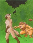 abdominal_bulge anthro dizzy duo erection felid forced genitals green_eyes guppy_(artist) hyena lion male male/male mammal pantherine penis pounce spotted_hyena tail yellow_eyes