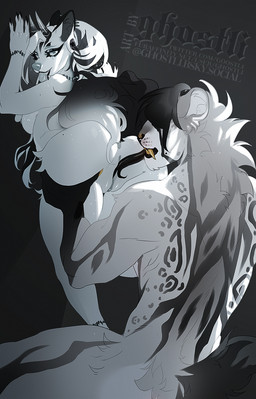 anthro black_hair bottomless bottomless_anthro bottomless_female bra butt clothed clothing cunnilingus curved_horn duo ear_piercing facial_piercing fangs female fur gauged_ear genitals golden_fangs grey_spots hair hair_over_eyes horn humanoid_genitalia humanoid_vulva looking_pleasured male male/female markings nose_piercing nose_ring open_mouth open_smile oral piercing ring_piercing sex smile spots spotted_body spotted_fur spotted_markings teeth underwear vaginal vulva ghostli canid canine canis felid leopard mammal pantherine patchwork_creature wolf hi_res