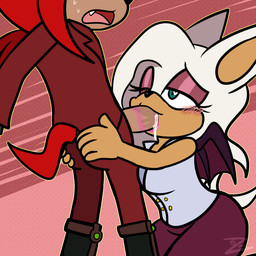 alternate_universe anthro bodily_fluids butt butt_grab clothed clothing dripping duo fellatio female genital_fluids hand_on_butt kiss_mark male male/female one_eye_closed oral penile precum precum_drip sex the_night_club_au zurzure sega sonic_the_hedgehog_(series) knuckles_the_echidna rouge_the_bat bat echidna mammal monotreme 1:1