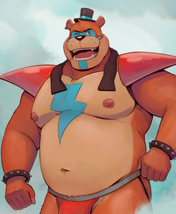 anthro bracelet bulge clothing ear_piercing ear_ring hat headgear headwear jewelry jockstrap male musclegut muscular muscular_male navel nipples one_eye_closed open_mouth orange_body piercing ring_piercing shoulder_pads slightly_chubby slightly_chubby_anthro slightly_chubby_male solo spiked_bracelet spikes top_hat underwear wink zcdartz five_nights_at_freddy's five_nights_at_freddy's:_security_breach scottgames steel_wool_studios glamrock_freddy bear mammal 2023 hi_res
