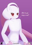 anthro anthrofied blush female looking_at_viewer nude pokemorph simple_background solo text commandg nintendo pokemon generation_1_pokemon generation_6_pokemon legendary_pokemon mega_evolution mega_mewtwo mega_mewtwo_y mewtwo pokemon_(species)