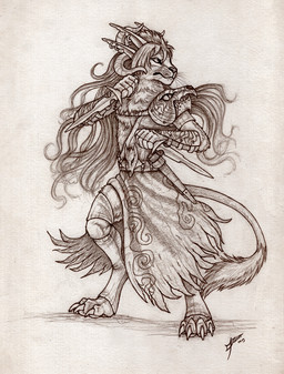 anthro armor belt biped bone bracers claws clothing dagger ear_piercing female footwear fur hair horn leather legwear long_hair magic_user melee_weapon multi_ear necromancer pauldron piercing scabbard skull socks solo standing tail tail_tuft toeless_footwear toeless_socks tuft weapon whiskers simul guild_wars charr felid mammal 2013 signature traditional_media_(artwork)