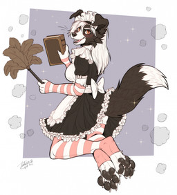 anthro arm_warmers armwear biped black_body black_fur black_pawpads blush book claws cleaning_tool clothing fangs feather_duster female female_anthro fur hair holding_book holding_object kneeling leg_warmers legwear long_hair looking_at_viewer maid_apron maid_headdress maid_uniform multicolored_body multicolored_fur open_mouth open_smile orange_eyes pattern_arm_warmers pattern_armwear pattern_clothing pattern_leg_warmers pattern_legwear pawpads pink_arm_warmers pink_armwear pink_clothing pink_leg_warmers smile solo striped_arm_warmers striped_armwear striped_clothing striped_leg_warmers striped_legwear stripes teeth toe_claws two_tone_body two_tone_fur uniform white_body white_fur white_hair tatujapa ren_collie border_collie canid canine canis collie domestic_dog herding_dog mammal pastoral_dog sheepdog 2026 digital_media_(artwork) hi_res