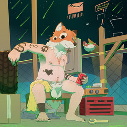 4_eyes alcohol animal_genitalia anthro armpit_hair balls beer belly beverage big_balls big_butt black_nails body_hair bottomwear butt can chest_hair clothing colored_nails container dark_eyes feet for_a_head genitals hairless hairy_body human_with_animal_genitalia male markings mechanic multi_eye nails neon_lights nipples pants presenting pubes sheath shirt slightly_chubby solo star tan_markings tattoo thick_thighs tools topwear conditional_dnp orenjisalmonpaw uncle_chops_rocket_shop wilbur_(ucrs) animal_head animal_humanoid avian bird corvid human humanoid hybrid magpie_(corvid) mammal oscine passerine 1:1 hi_res