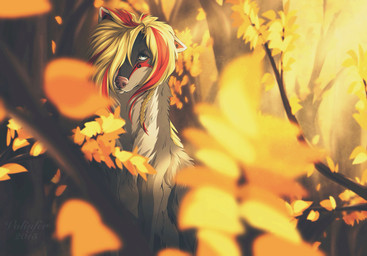 blonde_hair day detailed_background female feral forest fur grey_body grey_fur hair looking_at_viewer outside plant red_hair sitting solo tree volinfer canid canine canis mammal wolf 2015 digital_media_(artwork) hi_res
