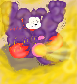 anus balls eyes_closed fart fart_fetish foreskin genitals looking_pleasured male penis shaking simple_background solo text ieyasu bandai_namco digimon digimon_(species) imp impmon 2015 digital_media_(artwork) english_text hi_res