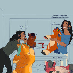 ambiguous_gender animal_genitalia baby_talk balls black_bottomwear black_clothing black_fingernails black_hair black_hooves black_nails black_pants blue_clothing blue_hair blue_tail blue_topwear bottomwear clothed clothed_humanoid clothing colored_nails cooking_pot countershade_torso countershading dialogue ear_piercing facial_piercing feral fingernails food_on_mouth furniture genitals green_sclera grey_clothing grey_shirt grey_topwear grin group hair holding_another hooves inside laugh male male_feral male_humanoid nails orange_body pants piercing quadruped red_eyes sauce scar sheath shirt sitting smile standing table tail tan_body tan_skin teal_eyes text toothy_grin topwear white_bottomwear white_clothing white_pants yellow_sclera young young_feral young_male swift_(fc) fluffy_pony fluffy_pony_(species) humanoid mammal 1:1 2026 absurd_res digital_media_(artwork) english_description english_text flat_colors hi_res partially_colored