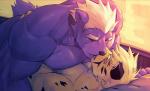 anthro biceps big_muscles blonde_hair deltoids duo eyes_closed facing_each_other fur hair kissing larger_male lying male male/male markings muscular muscular_anthro muscular_male nude on_back on_top pecs pillow purple_body purple_fur size_difference small_tail smaller_male spots spotted_body spotted_fur tail white_hair yellow_body yellow_fur kuron nate_(kuron) pike_(kuron) bear cheetah felid feline mammal pantherine ursine 2018