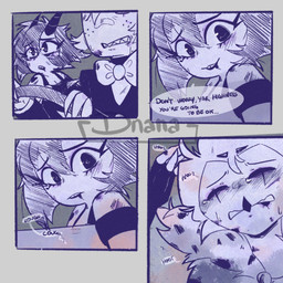 anthro blood blue_background blue_text bodily_fluids crying dialogue driving female frown group hair husband husband_and_wife male married_couple short_hair simple_background smile speech_bubble tears text trio wife wounded dnana_art hellaverse helluva_boss millie_(helluva_boss) moxxie_(helluva_boss) stolas_(helluva_boss) avian bird imp owl owl_demon 1:1 comic english_text hi_res