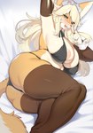 anthro areola areola_slip armwear bed big_areola big_breasts big_butt bikini bikini_bottom bikini_top blonde_hair blue_eyes breasts butt clothing curvy_figure female fluffy fluffy_tail fur furniture hair huge_breasts kemono legwear on_bed open_mouth solo swimwear tail thick_thighs thigh_highs tongue tongue_out two-piece_swimsuit voluptuous yellow_body yellow_fur faeki faeki_(character) canid canine fox mammal hi_res