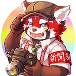 anthro biped black_body black_nose camera clothed clothing hat headgear headwear humanoid_hands kemono male necktie red_body shirt solo topwear hiryuuuuuuuuu lifewonders tokyo_afterschool_summoners zhurong_(tas) ailurid mammal red_panda 1:1 2021