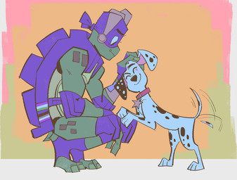 anthro black_ears black_spots collar collar_tag duo elbow_pads eyewear eyewear_on_head feral fur glasses glasses_on_head green_body green_skin headpat heterochromatic_ears knee_pads male pink_inner_ear purple_marks purple_mask red_collar shell spots star_collar_tag tail tail_motion tailwag turtle_shell voice_actor_joke wearing_glasses white_body white_fur hobermen 101_dalmatian_street 101_dalmatians disney nickelodeon rise_of_the_teenage_mutant_ninja_turtles teenage_mutant_ninja_turtles donatello_(tmnt) dylan_(101_dalmatians) canid canine canis dalmatian domestic_dog mammal reptile scalie softshell_turtle spiny_softshell_turtle turtle