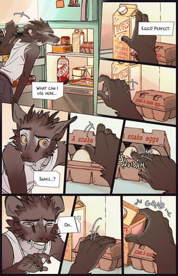anthro appliance beverage_bottle beverage_carton biped bottle brown_eyes chinese_takeout_container container egg egg_carton fridge fur grey_body grey_fur head_tuft inner_monologue kitchen_appliance looking_in_fridge male narrowed_eyes pointy_ears prick_ears snout soda_bottle solo squint text text_box thinking tuft tusks yellow_sclera falco_works pen_(falco_works) cervine deer mammal tufted_deer 2026 comic digital_media_(artwork) english_text hi_res