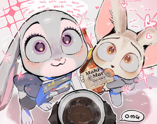 alcohol anthro beverage bottomwear brown_body closed_smile clothing coffee container cup dialogue disembodied_hand document female female_anthro grey_body group heart_symbol high-angle_view holding_container holding_cup holding_document holding_object holding_wine_bottle male male_anthro mouth_closed pacifier pants purple_eyes reflection shirt smile standing text topwear trio whiskey whiskey_bottle cyasyuda disney zootopia finnick_(zootopia) judy_hopps nick_wilde canid canine european_rabbit fennec_fox fox lagomorph leporid mammal oryctolagus rabbit red_fox true_fox absurd_res english_text hi_res