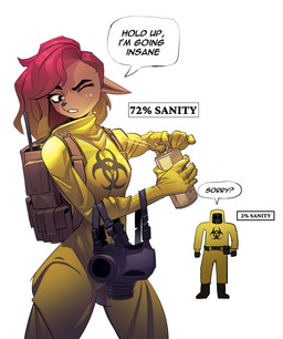 5_fingers ambiguous_gender anthro backpack beverage biohazard_symbol biped bottomwear breasts brown_body brown_fur clothed clothing container duo eyelashes faceless_character female fingers food freckled_face freckles fur gas_mask gloves hair handwear hazard_symbol hazmat_suit holding_beverage holding_object latex mask meter one_eye_closed pink_hair simple_background speech_bubble standing symbol text topwear white_background yellow_clothing miscuitsxd the_backrooms madison_deerwood deer mammal digital_media_(artwork) english_text hi_res male_(lore)