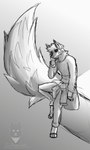 ambiguous_gender anthro big_tail black_sclera ears_up fluffy fluffy_hair fluffy_tail hair hand_on_cheek huge_tail jacket_around_waist long_sleeves male paws sitting snout solo tail sirdoomwolf canid canine canis mammal wolf 2021 3:5 animated black_and_white greyscale hi_res loop monochrome short_playtime