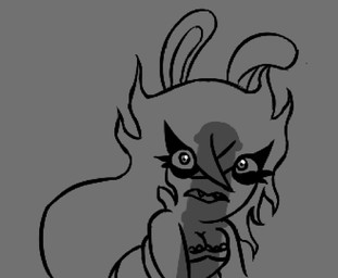 anthro bangs bare_shoulders black_eyelids breasts cleavage clothed clothed_anthro clothed_female clothing dress eyelashes fangs female female_anthro frown grey_background grey_clothing grey_dress grey_eyes grey_hair grey_tongue hair lidded_eyes long_ears long_hair looking_up medium_breasts noseless open_frown open_mouth penis_shadow simple_background solo teeth tongue worried_look jaleczu mario_bros mario_plus_rabbids_sparks_of_hope nintendo raving_rabbids rayman_(series) ubisoft midnite_(mario_plus_rabbids) spark_hunter ghost hybrid lagomorph mammal rabbid spirit 2025 crossover digital_drawing_(artwork) digital_media_(artwork) half-length_portrait hi_res monochrome portrait shaded simple_shading spanish_description
