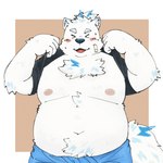 anthro bandage bare_chest belly blush fur male moobs navel nipples overweight overweight_male rolled_up_shirt solo topknot white_body white_fur yaki_atsuage lifewonders live_a_hero yohack canid canine canis domestic_dog mammal nordic_sled_dog samoyed spitz 1:1 hi_res