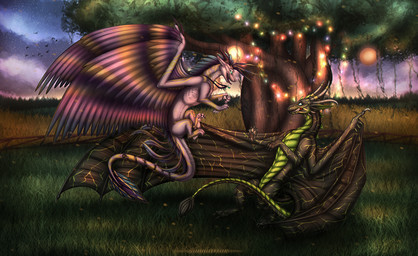 detailed_background duo feathered_wings feathers female feral field fur garland grass jumping male male/female plant playful romantic romantic_ambiance romantic_couple scales sky sunset tail wings shadarrius mythology dragon mythological_creature mythological_scalie scalie