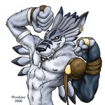 anthro armwear biped clothing dog_tags ear_piercing ear_ring flexing fur grey_body grey_fur looking_at_viewer male muscular muscular_male piercing ring_piercing scar snaggle_tooth solo wooky bandai_namco digimon digimon_(species) weregarurumon 1:1 2000 digital_media_(artwork) shaded soft_shading