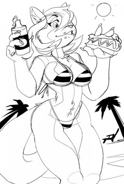 anthro beach bikini breasts cleavage clothed clothing eating female food hot_dog navel open_mouth seaside smile solo standing sun swimwear two-piece_swimsuit doedog canid canine mammal hi_res monochrome