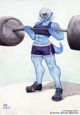 abs barbell big_breasts bodily_fluids bottomwear breasts clothed clothing crop_top exercise female footwear hair looking_at_viewer muscular muscular_female muscular_humanoid not_furry shirt shoes shorts simple_background smile sneakers solo standing sweat text topwear weightlifting weights white_background workout murazaki cyclops humanoid absurd_res english_text hi_res painting_(artwork) traditional_media_(artwork) traditional_painting_(artwork) traditional_watercolor_(artwork) watercolor_(artwork)