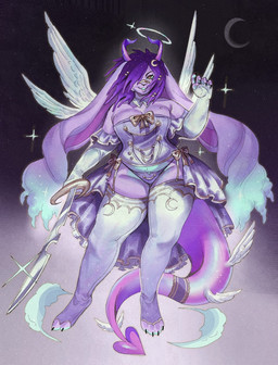 10_wings 2_horns 5_fingers accessory anthro armwear band-aid band-aid_on_face band-aid_on_nose bandage bandage_on_face bandage_on_nose bare_shoulders bow_ribbon breast_markings breasts brown_eyes button_(fastener) claws cleavage clothed clothing crescent_moon curled_fingers curved_horn cutlass digitigrade dreadlock_cuffs dreadlocks dress elbow_gloves feathered_wings feathers feet female finger_claws fingerless_armwear fingerless_gloves fingers flowing_hair frilly frilly_armwear frilly_clothing frilly_dress front_view fur furgonomics glistening glistening_melee_weapon glistening_sword glistening_weapon gloves glowing gold_trim gradient_background gradient_hair hair half-skirt halo handwear highlights_(coloring) hindpaw holding_melee_weapon holding_object holding_sword holding_weapon horn humanoid_hands legwear long_ears magical_girl_outfit markings medium_breasts melee_weapon moon multi_wing multicolored_body multicolored_fur paws purple_body purple_fur purple_hair purple_highlights purple_horn rabbit_ears raised_hand simple_background sky slightly_chubby slightly_chubby_anthro slightly_chubby_female small_waist smile smiling_at_viewer solo sparkles star starry_hair starry_sky sword tail tail_accessory tailband teeth thick_thighs thigh_highs thong toe_claws toeless_thigh_highs twintails_(hairstyle) underwear weapon white_armwear white_clothing white_elbow_gloves white_gloves white_handwear white_legwear white_neckwear white_thigh_highs white_wings wings y_nose wolfertinger salem_(wolfertinger) angel demon lagomorph leporid mammal rabbit wolpertinger 2026 full-length_portrait hi_res portrait shaded soft_shading trans_(lore) trans_man_(lore)