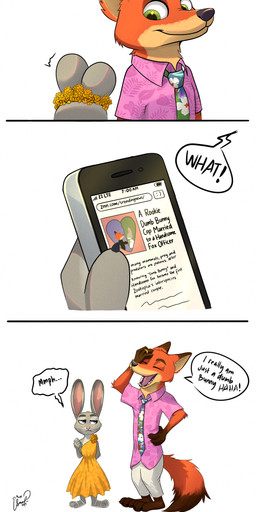 3_toes 4_fingers aloha_shirt anthro black_nose bottomwear breasts cellphone clothed clothed_anthro clothed_female clothed_male clothing dialogue digit_ring dress duo ears_as_hair electronics feet female female_anthro fingers fur gloves_(marking) green_eyes grey_body grey_fur hair_bun_ears hindpaw humanoid_hands husband_and_wife jewelry larger_male leg_markings looking_down looking_down_at_another looking_down_at_partner male male/female male_anthro markings married_couple multicolored_body multicolored_fur necktie news news_article pants pattern_clothing pattern_shirt pattern_topwear paws phone pink_nose purple_eyes red_body red_fur ring shirt size_difference smaller_female smartphone smile socks_(marking) standing tail text toes topwear two_tone_body two_tone_fur wedding_ring white_body white_fur isaal_suli disney zootopia judy_hopps nick_wilde canid canine european_rabbit fox lagomorph leporid mammal oryctolagus rabbit red_fox true_fox absurd_res comic english_text hi_res signature
