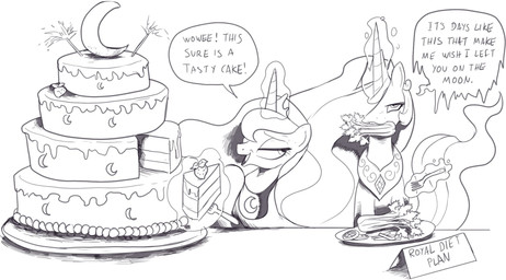 annoyed cake celery crown cutlery dessert duo feral food fork fruit half-closed_eyes headgear horn kitchen_utensils magic narrowed_eyes plant plate smile strawberry text tools vegetable wings nauyaco friendship_is_magic hasbro my_little_pony mythology princess_celestia_(mlp) princess_luna_(mlp) equid equine mammal mythological_creature mythological_equine winged_unicorn english_text hi_res monochrome