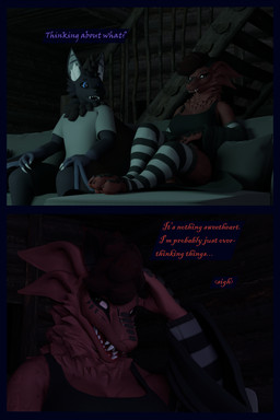 anthro arm_warmers armwear blue_eyes bottomwear clothing dialogue distressed female fur leg_warmers legwear male purple_body purple_fur red_body red_fur robe shirt shorts text topwear flailingfornication bat mammal origin_species 2:3 3d_(artwork) absurd_res comic digital_media_(artwork) english_text hi_res mother_(lore) parent_(lore) son_(lore)