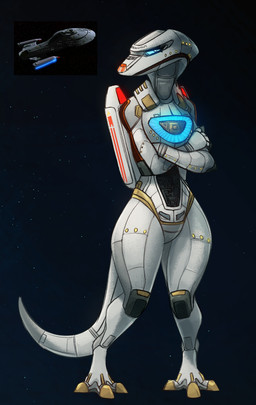 aircraft anthro eyelashes female glowing glowing_markings grey_body looking_at_viewer machine markings solo spacecraft standing vehicle conditional_dnp shido-tara star_trek star_trek_voyager aeromorph living_aircraft living_machine living_vehicle scalie 2026 digital_media_(artwork) hi_res