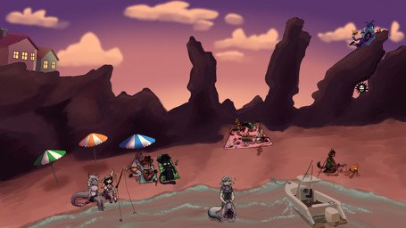 afternoon ambiguous_gender anchor andromorph anthro apron back_massage bag basket beach beach_towel beach_umbrella bedding beverage bikini black_body black_fur black_hair blanket blonde_hair blue_body blue_fur blue_hair blush boat bobber bread brown_body brown_fur brown_hair building candle clothing cloud container dress eyewear female fire fishing_line fishing_rod food fur grey_body grey_fur group hair horn house intersex juice_(beverage) long_ears lying male maleherm markings multicolored_body on_back parasol party picnic picnic_basket plushie purple_body purple_fur purple_hair purple_sky red_hair rock sand sand_castle sculpture sea shovel sky spots spotted_body spotted_fur sunglasses sunglasses_on_face sunscreen swimming_trunks swimwear tools towel two-piece_swimsuit umbrella_drink unicorn_horn vehicle walking_in_water water watercraft wave wearing_sunglasses white_body white_fur white_hair tidal_change fish!_(game) mythology binsa_(gray_the_horse) gray_(gray_the_horse) hazel_(gray_the_horse) pristina_(character) solem_(tidal_change) sunman_(fish!) usagui_(tidal_change) bovid bovine canid canine cattle equid equine felid feline guernsey_cattle lagomorph leopard leporid mammal mustelid mythological_creature mythological_equine novabeast otter pantherine rabbit unicorn 16:9 hi_res widescreen