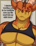 angry anthro bottomless clothed clothing cross-popping_vein dark_sclera eye_scar facial_horn facial_scar horn male muscular muscular_anthro muscular_male nose_horn orange_body pecs raised_clothing raised_shirt raised_tank_top raised_topwear scales scar selfie shirt shirt_only tank_top tank_top_lift tank_top_only teeth text topwear topwear_lift topwear_only topwear_up yellow_eyes aktiloth mythology dragon mythological_creature mythological_scalie scalie absurd_res hi_res meme