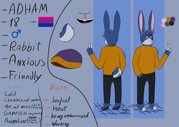 anthro blue_body blue_fur fur male solo text coelhocarente adham(coelhocarente) lagomorph leporid mammal rabbit english_text hi_res model_sheet