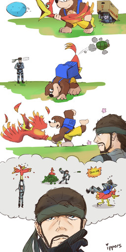 accessory anthro backpack beak being_watched black_nose brown_body brown_fur claws egg explosives facial_hair female fur grenade group hair headband humor jewelry looking_at_another male necklace smile thought_bubble weapon wings ippers banjo-kazooie konami metal_gear nintendo rareware super_smash_bros. banjo_(banjo-kazooie) kazooie solid_snake avian bear breegull human mammal 2019 absurd_res crossover hi_res signature