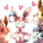 1:1 ambiguous_gender aruberutoo blue_body blue_eyes blue_skin canid canine eeveelution feral flareon fur generation_1_pokemon generation_6_pokemon group heart_symbol jolteon mammal nintendo open_mouth orange_body orange_fur pink_body pink_fur pokemon pokemon_(species) purple_eyes ribbons simple_background sylveon vaporeon white_background yellow_body yellow_fur