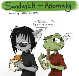 anthro black_hair chopsticks dialogue duo eyelashes eyewear female fingers food fur glasses green_body green_skin grey_body grey_fur hair male multicolored_body multicolored_skin noodles sandwich_(food) scar simple_background simple_eyes standing sunglasses text whiskers white_background yellow_eyes sandwich-anomaly amelia_(sandwich-anomaly) van_(sandwich-anomaly) amphibian domestic_cat felid feline felis frog mammal 2015 digital_media_(artwork) english_text