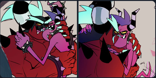 back_spikes blue_claws blue_hair bodily_fluids bracelet claws collar drooling duo eyebrows eyes_open_while_kissing french_kissing hair horn jewelry kissing licking licking_tongue male male/male markings mohawk muscular muscular_male one_eye_closed open_mouth pink_body pink_skin ponytail purple_claws purple_hair red_body red_skin saliva sharp_teeth size_difference skinny skinny_male smile smirk spiked_bracelet spiked_collar spikes spikes_(anatomy) striped_horn striped_markings stripes tail tail_motion tailwag teeth thick_eyebrows tongue tongue_in_mouth tongue_wrap yellow_eyes spiceskeleton sega sonic_the_hedgehog_(series) the_deadly_six zavok zazz demon monster zeti zeti_(species) better_version_at_source hi_res