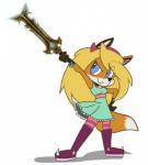 blonde_hair blue_eyes clothing dress female hair holding_object holding_weapon solo weapon fenriz278 blizzard_entertainment disney star_vs._the_forces_of_evil warcraft canid canine fox mammal hi_res