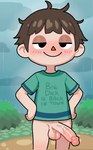 balls big_penis biped bottomless bottomless_human bottomless_male brown_hair clothed clothing erection front_view genitals glans hair human_only humanoid_genitalia humanoid_penis male male_human not_furry outside penis presenting presenting_penis raining shirt smile smug solo standing t-shirt topwear healerart animal_crossing nintendo villager_(animal_crossing) human mammal hi_res