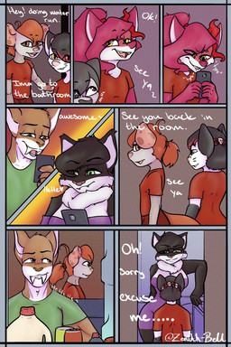 accessory age_difference anthro appliance beverage bite biting_lip black_body black_fur breasts clothing dialogue door female female/female flower flower_accessory flower_in_hair fluffy fluffy_tail fridge fur green_eyes grin hair hair_accessory kitchen_appliance male male/female open_mouth plant red_body red_fur red_hair shirt smile standing standing_on_another t-shirt tail text texting topwear young young_anthro young_female zenith-bell autumn_(masterofall) beatrix_(masterofall) colleen_(masterofall) padraig_(masterofall) viola_(masterofall) wanda_(masterofall) american_opossum canid canine canis domestic_cat felid feline felis fox mammal marsupial prehistoric_species saber-toothed_tiger virginia_opossum wolf 2:3 comic english_text hi_res