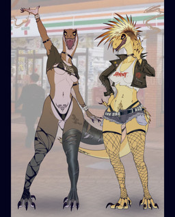 alternative_fashion anthro bikini black_eyeshadow bottomwear bracelet cigarette claws clothed clothing collar cropped_jacket daisy_dukes denim denim_bottomwear denim_clothing denim_shorts duo eyeshadow facial_piercing feet female fishnet_stockings furgonomics goth hair holding_cigarette holding_object hotpants jacket jewelry leather leather_clothing leather_jacket leather_topwear legwear lip_piercing long_neck makeup midriff mohawk nipple_outline piercing pubes punk sharp_teeth shorts skimpy smoking smoking_cigarette spiked_collar spikes spiky_hair stockings swimwear tail tail_clothing talons teeth thick_tail thong toes topwear torn_clothing torn_legwear torn_stockings two-piece_swimsuit undercut underwear womb_tattoo king_kringle nine_inch_nails slipknot dinosaur dromaeosaurid prehistoric_species reptile saurischian scalie theropod velociraptor absurd_res hi_res