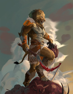 anthro blood bodily_fluids bone claws death fur hair holding_object holding_weapon male muscular muscular_anthro muscular_male nipples severed_body_part severed_head skull solo weapon neungsonie felid lion mammal pantherine absurd_res hi_res portrait