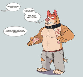 abs anthro belly biceps big_muscles black_collar blue_background blush blushing_profusely bodily_fluids body_hair bottomwear bulge chest_hair chest_scar claws clothed clothing collar collar_tag detailed_bulge dialogue drawstring drawstring_bottomwear drawstring_clothing drawstring_pants embarrassed embarrassed_expression embarrassed_horny erection erection_under_bottomwear erection_under_clothing erection_under_pants fangs fangs_bared flirting fur genital_fluids genital_outline good_boy grey_bottomwear grey_clothing grey_pants grey_sweatpants leaking_precum male manly muscular muscular_anthro muscular_male orange_body orange_fur pants pec_scar pecs penis_outline pink_nose praise praise_kink precum precum_through_clothing precum_through_pants profanity scar secretly_loves_it shadow simple_background skull_collar skull_collar_tag solo speech_bubble standing sweat sweatdrop sweatpants sweaty_body sweaty_face tail tail_motion tailwag teasing teeth tenting text thick_arms topless topless_anthro topless_male torn_bottomwear torn_clothing torn_pants tough_guy unwanted_erection wet wet_clothing syncrotrace canid canine canis domestic_dog mammal pit_bull absurd_res english_text hi_res