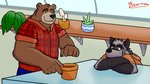 anthro bottomwear brown_body brown_fur clothing duo fur hoodie humanoid_hands male pants shirt topwear bearmuda password_(visual_novel) dave_(password) dean_(password) bear brown_bear hyena mammal striped_hyena ursine 16:9 2021 hi_res widescreen